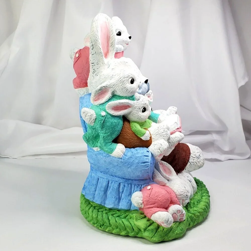VTG 1994 Easter Bunny Rabbits Grandpa & Kids Large Ceramic Decoration 10